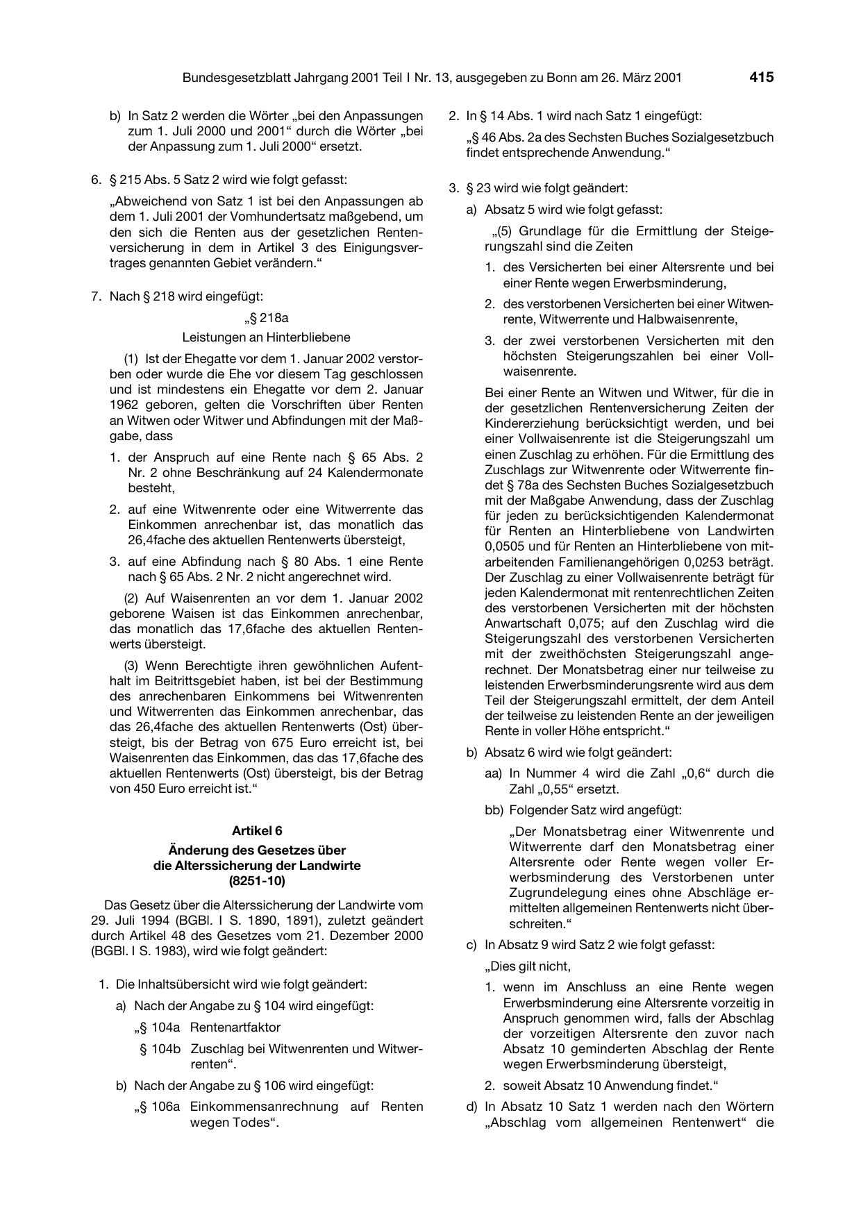 BGBl. 2001, Seite 415 — Originalseite als Abbildung