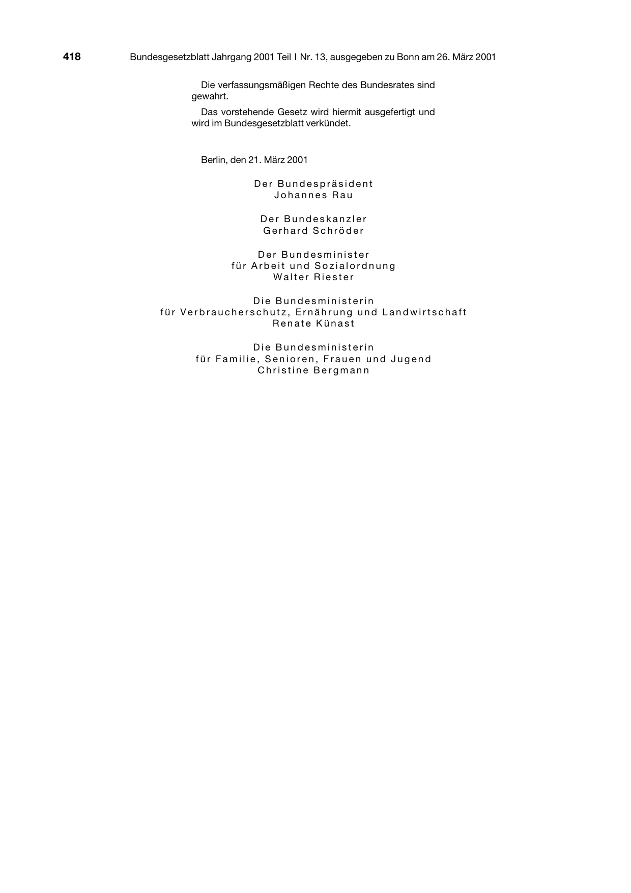 BGBl. 2001, Seite 418 — Originalseite als Abbildung
