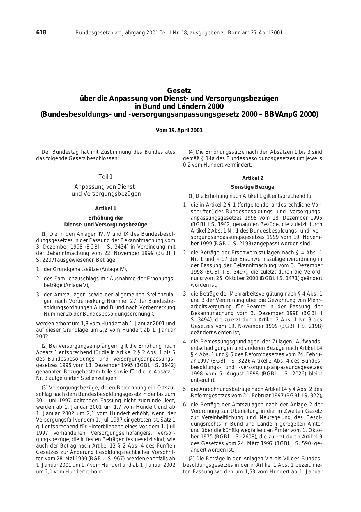 BGBl. 2001, Seite 618 — Originalseite als Abbildung