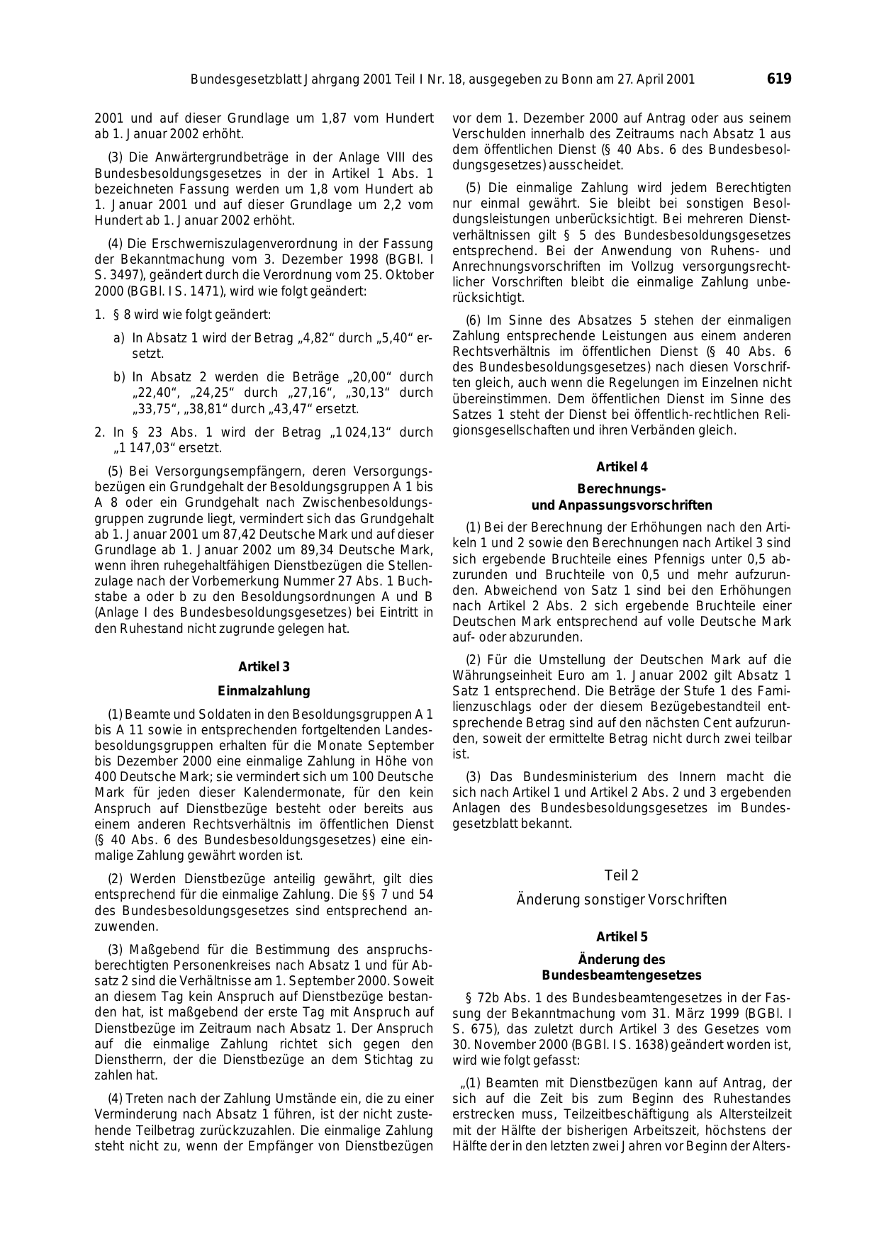 BGBl. 2001, Seite 619 — Originalseite als Abbildung