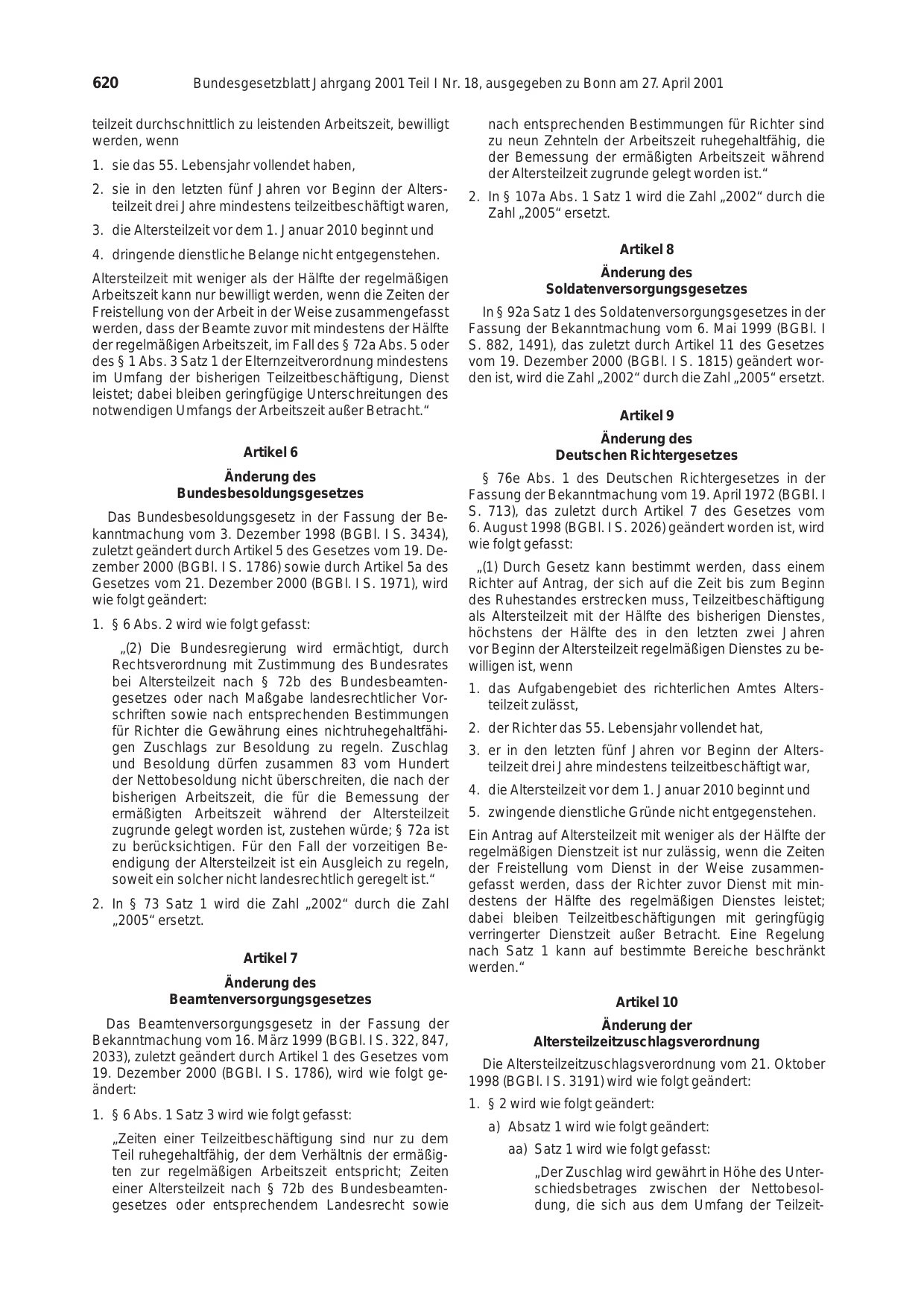 BGBl. 2001, Seite 620 — Originalseite als Abbildung