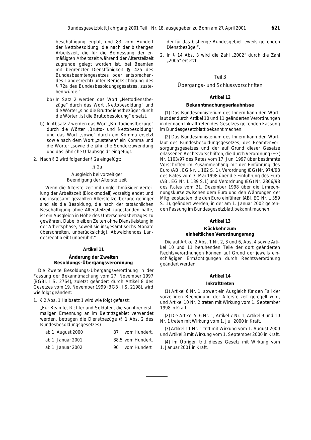 BGBl. 2001, Seite 621 — Originalseite als Abbildung