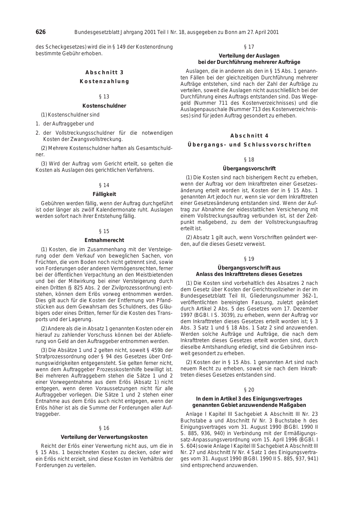 BGBl. 2001, Seite 626 — Originalseite als Abbildung