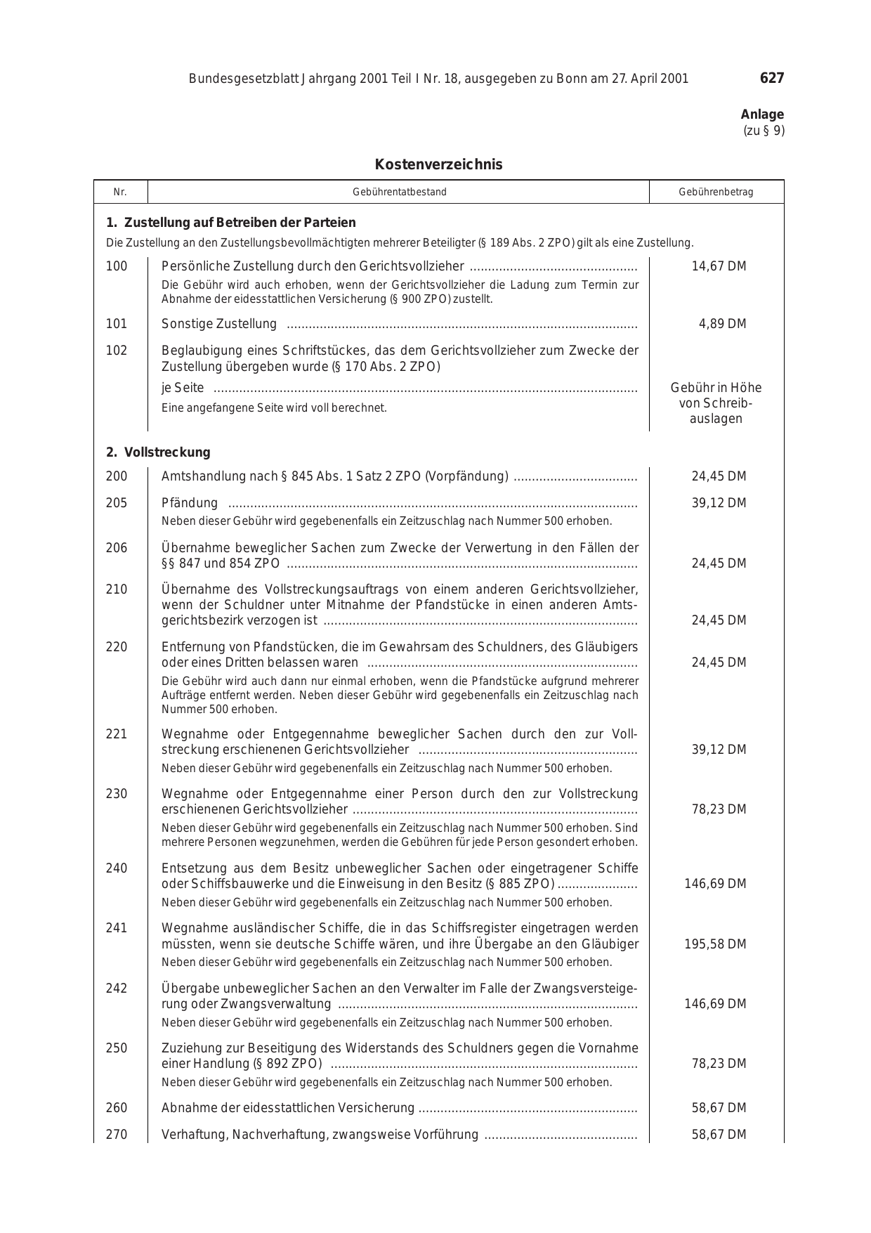 BGBl. 2001, Seite 627 — Originalseite als Abbildung