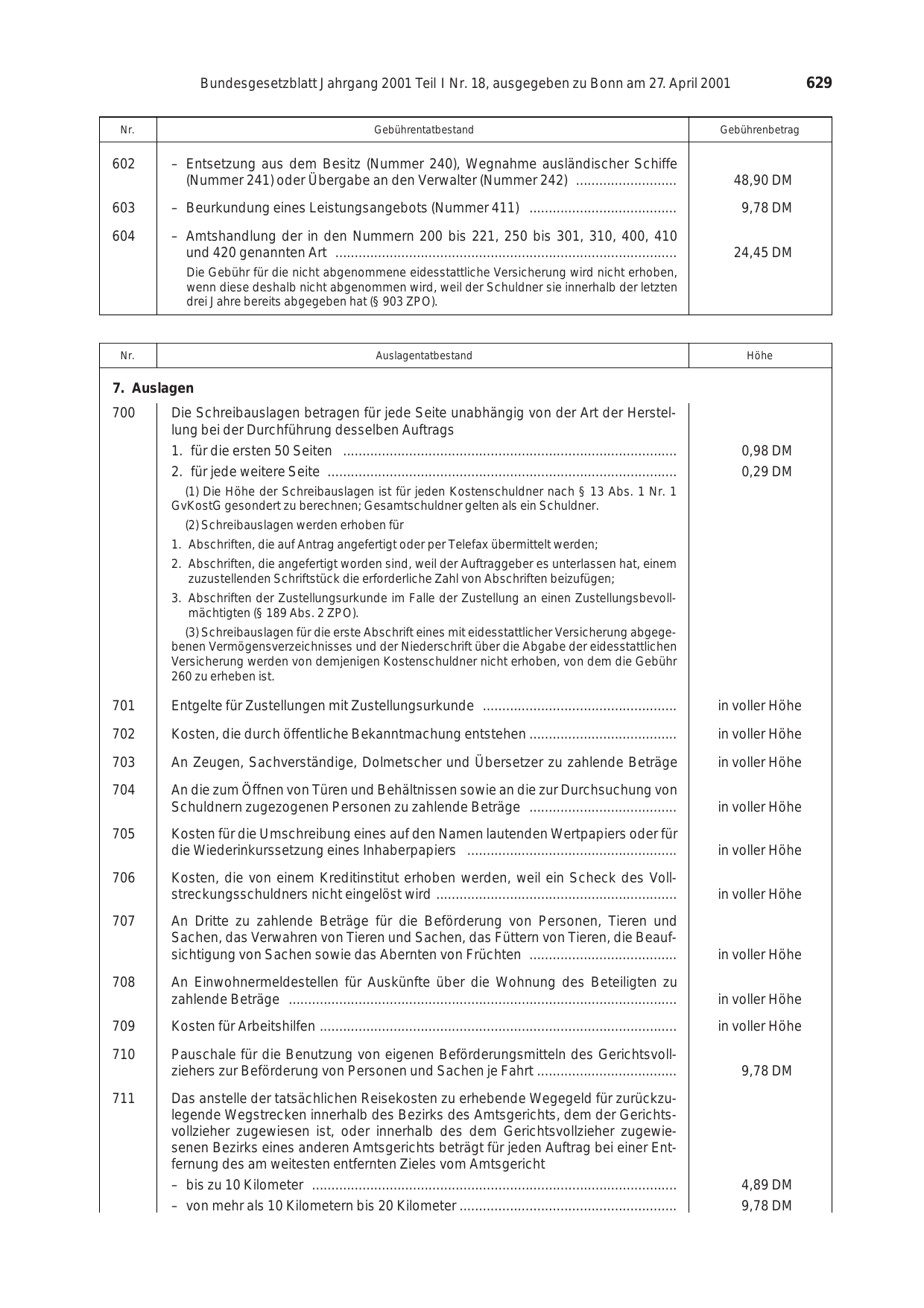BGBl. 2001, Seite 629 — Originalseite als Abbildung