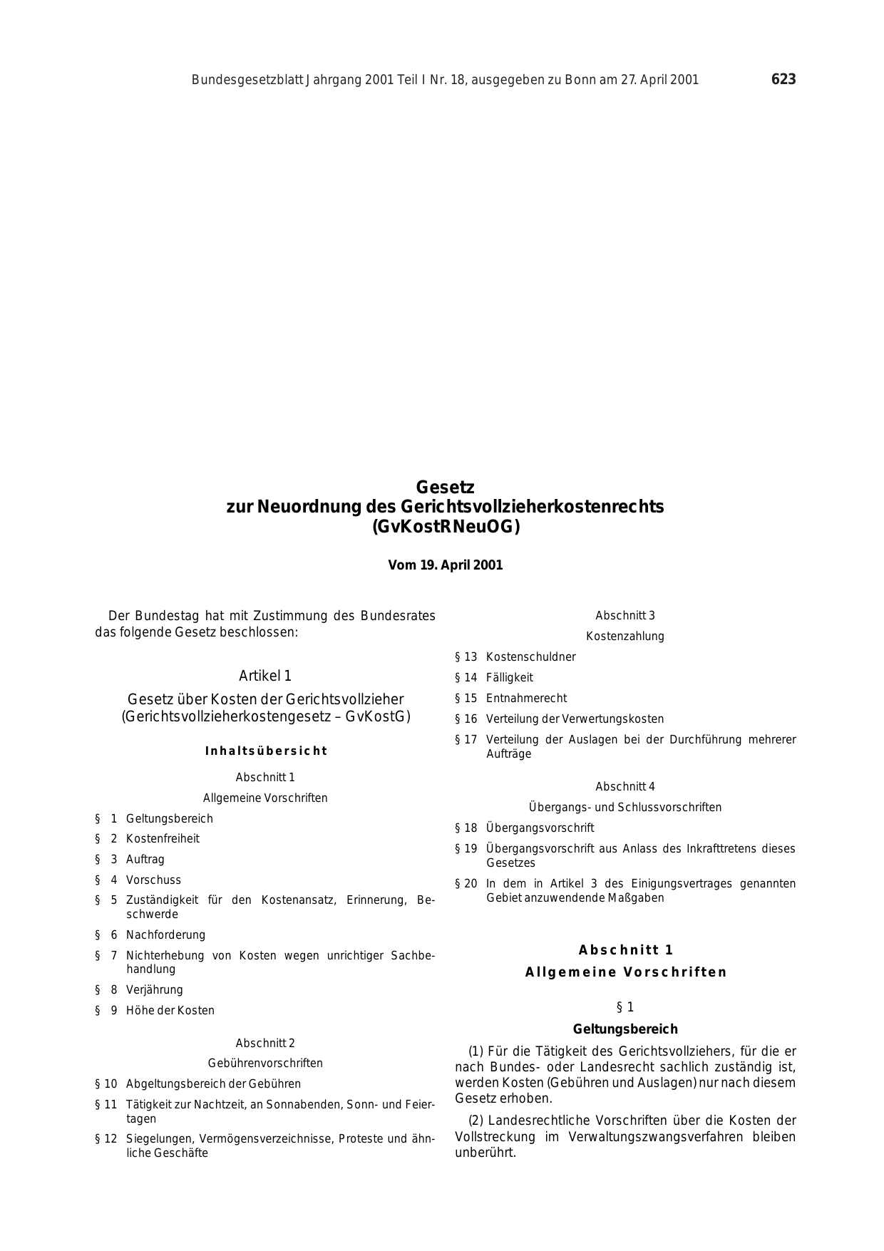BGBl. 2001, Seite 623 — Originalseite als Abbildung