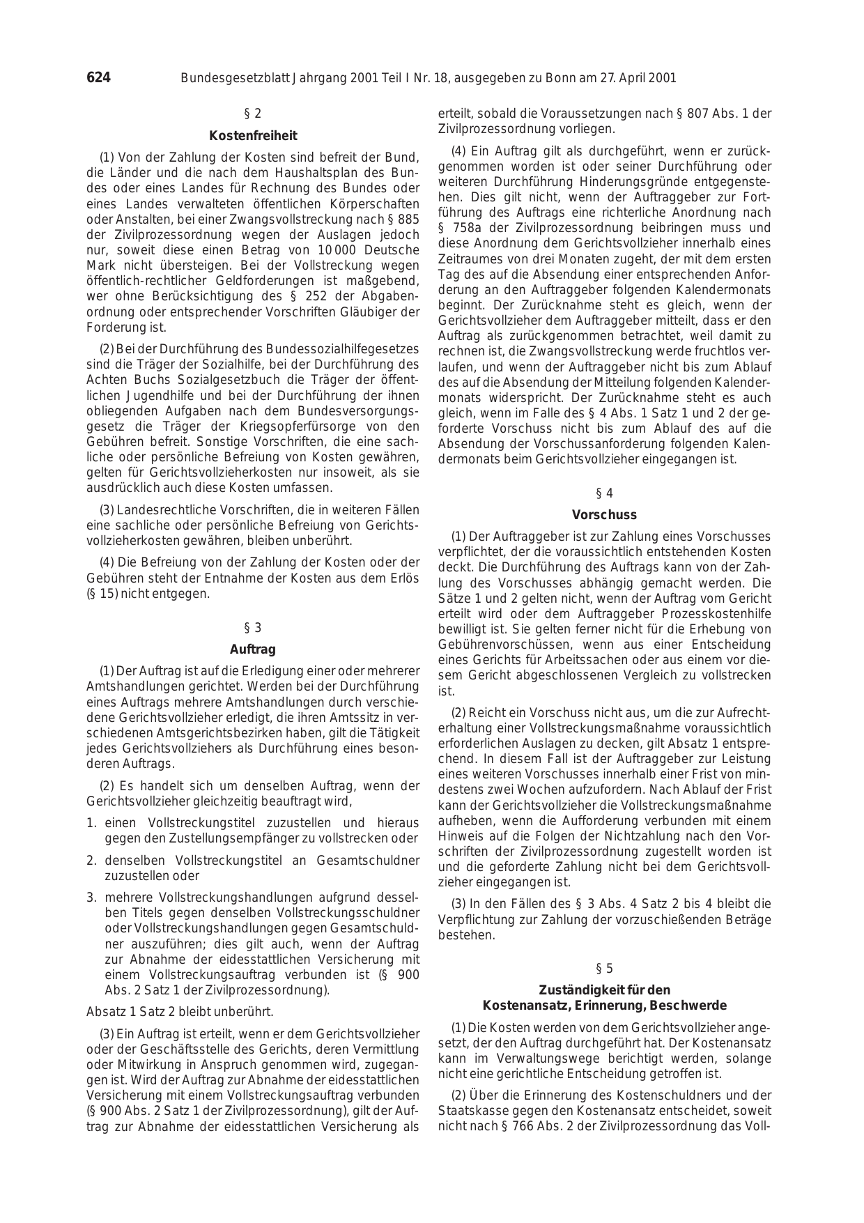 BGBl. 2001, Seite 624 — Originalseite als Abbildung