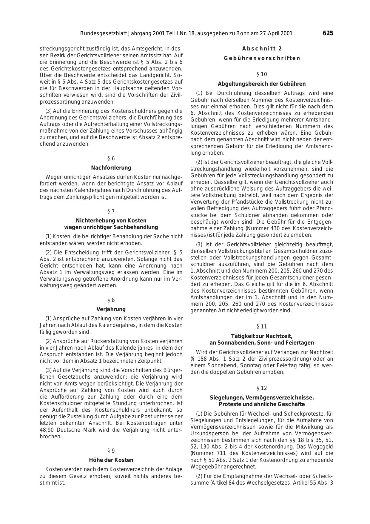 BGBl. 2001, Seite 625 — Originalseite als Abbildung