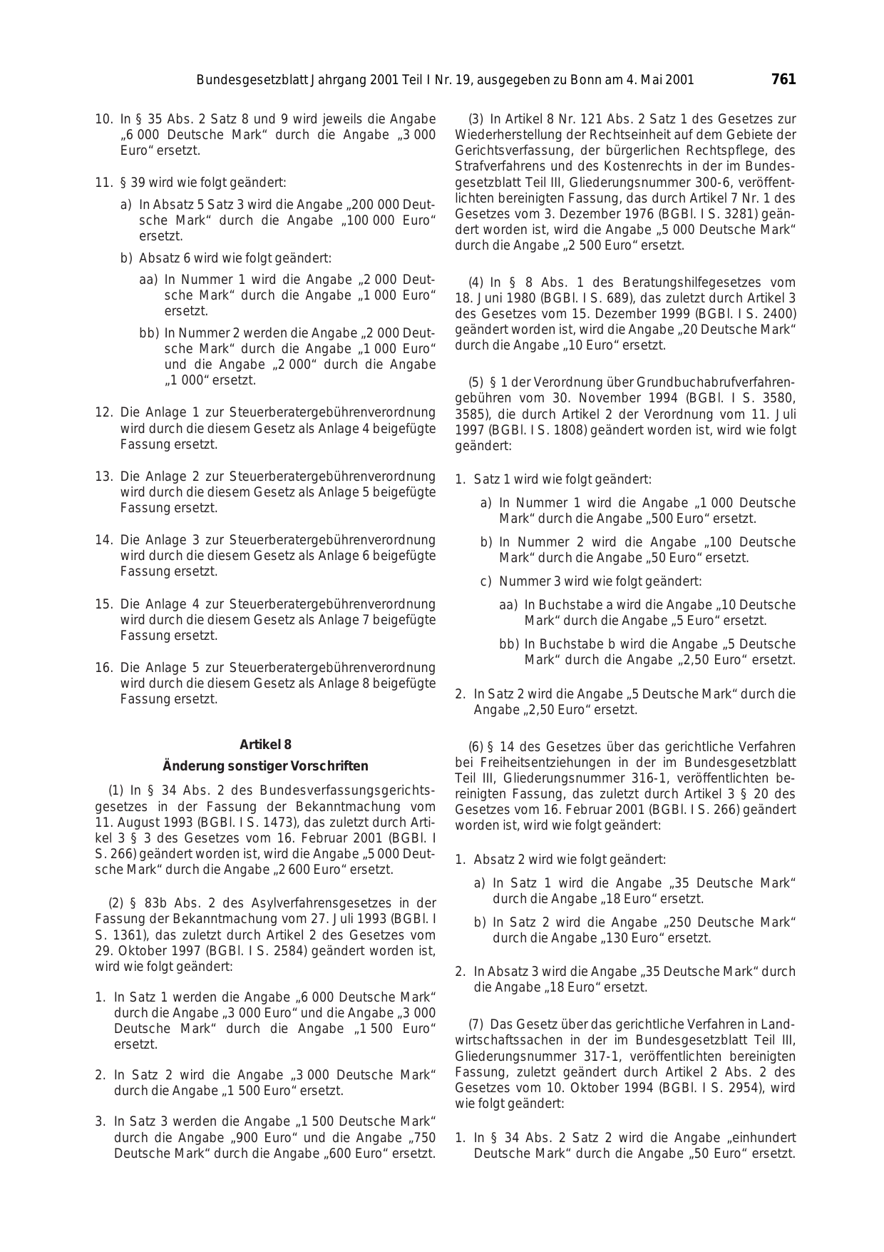 BGBl. 2001, Seite 761 — Originalseite als Abbildung