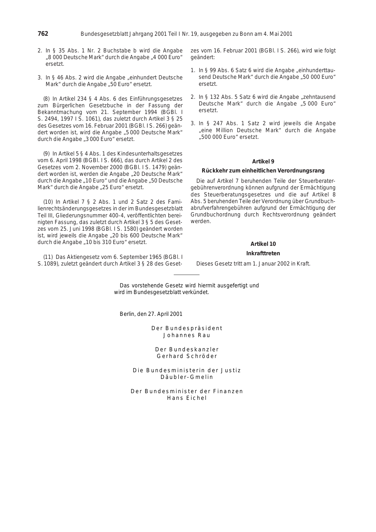 BGBl. 2001, Seite 762 — Originalseite als Abbildung