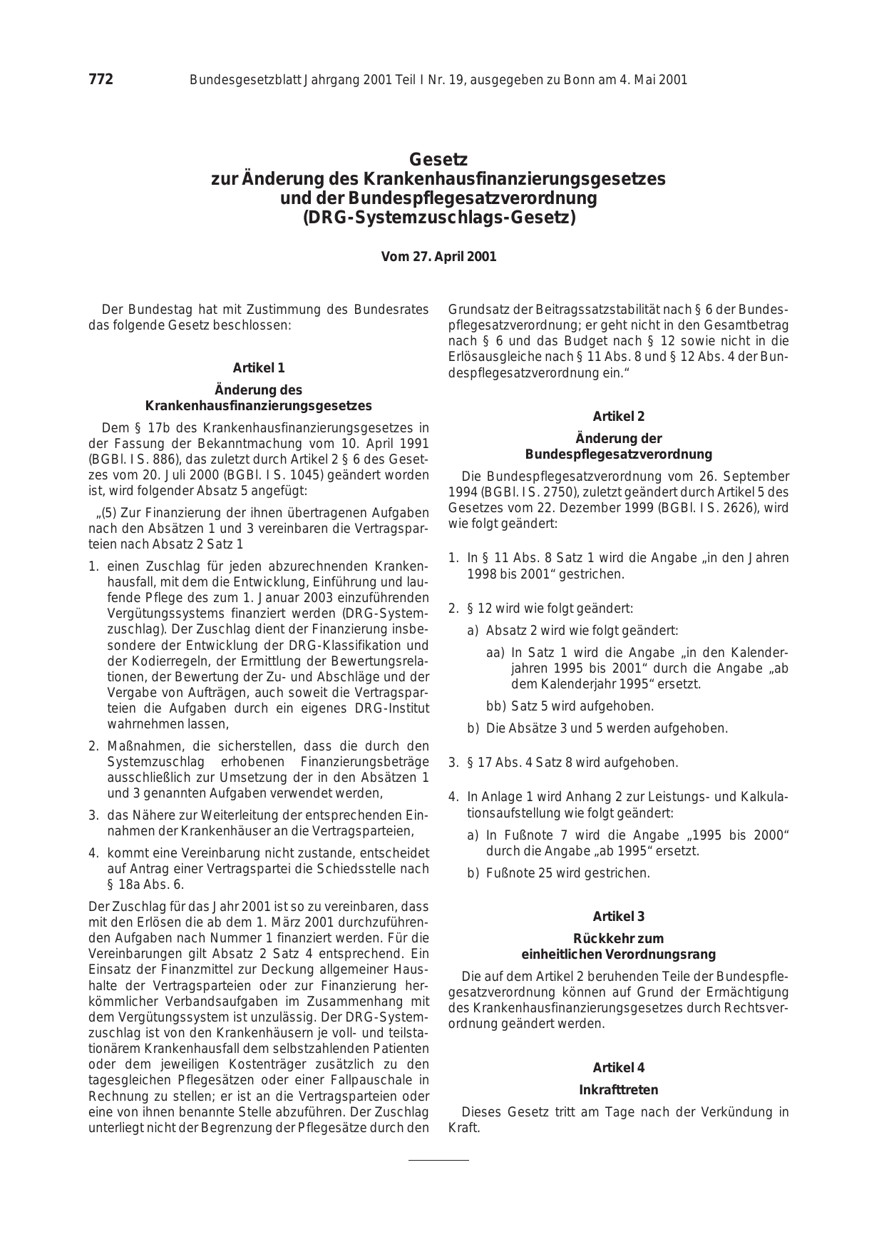 BGBl. 2001, Seite 772 — Originalseite als Abbildung