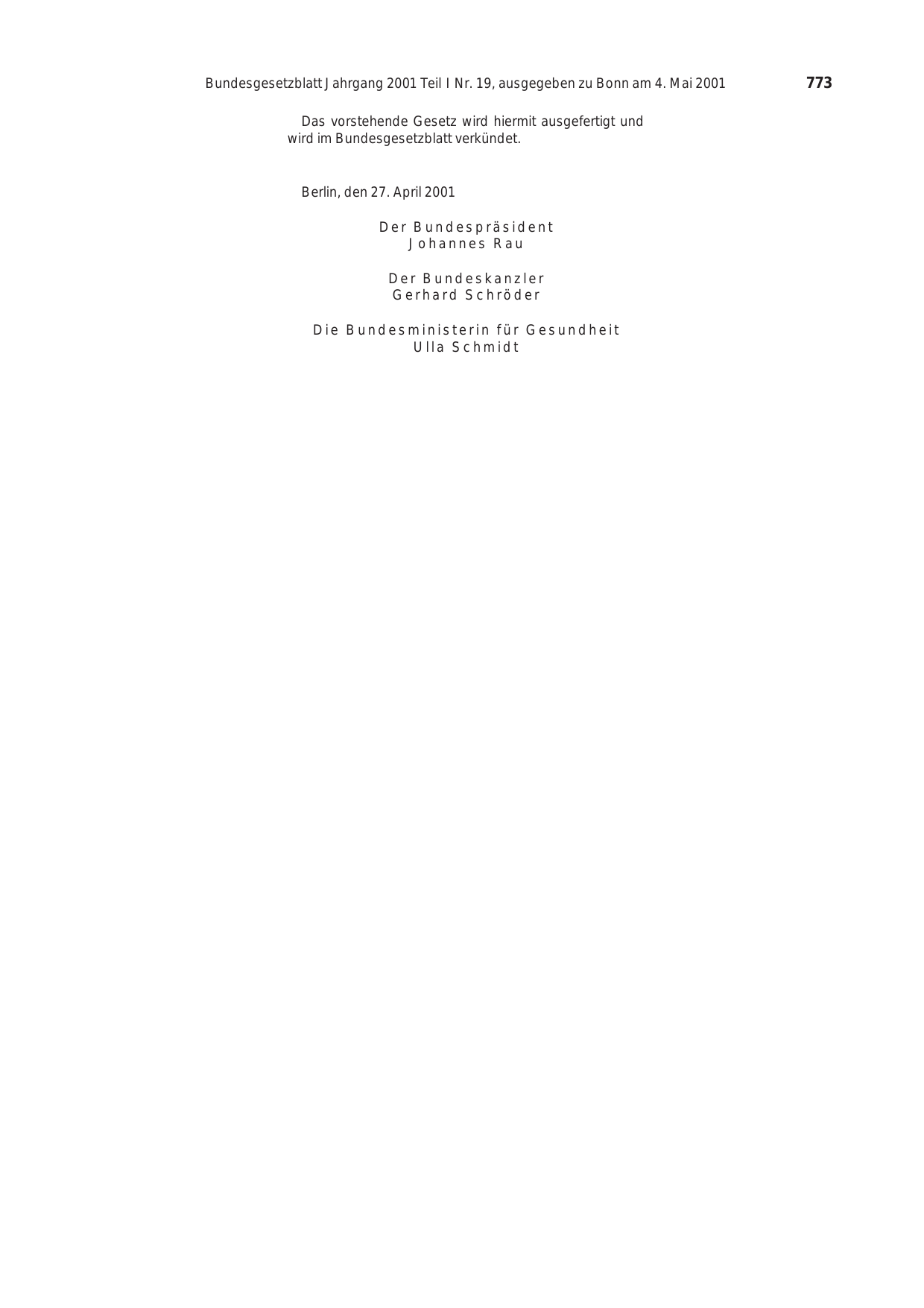 BGBl. 2001, Seite 773 — Originalseite als Abbildung