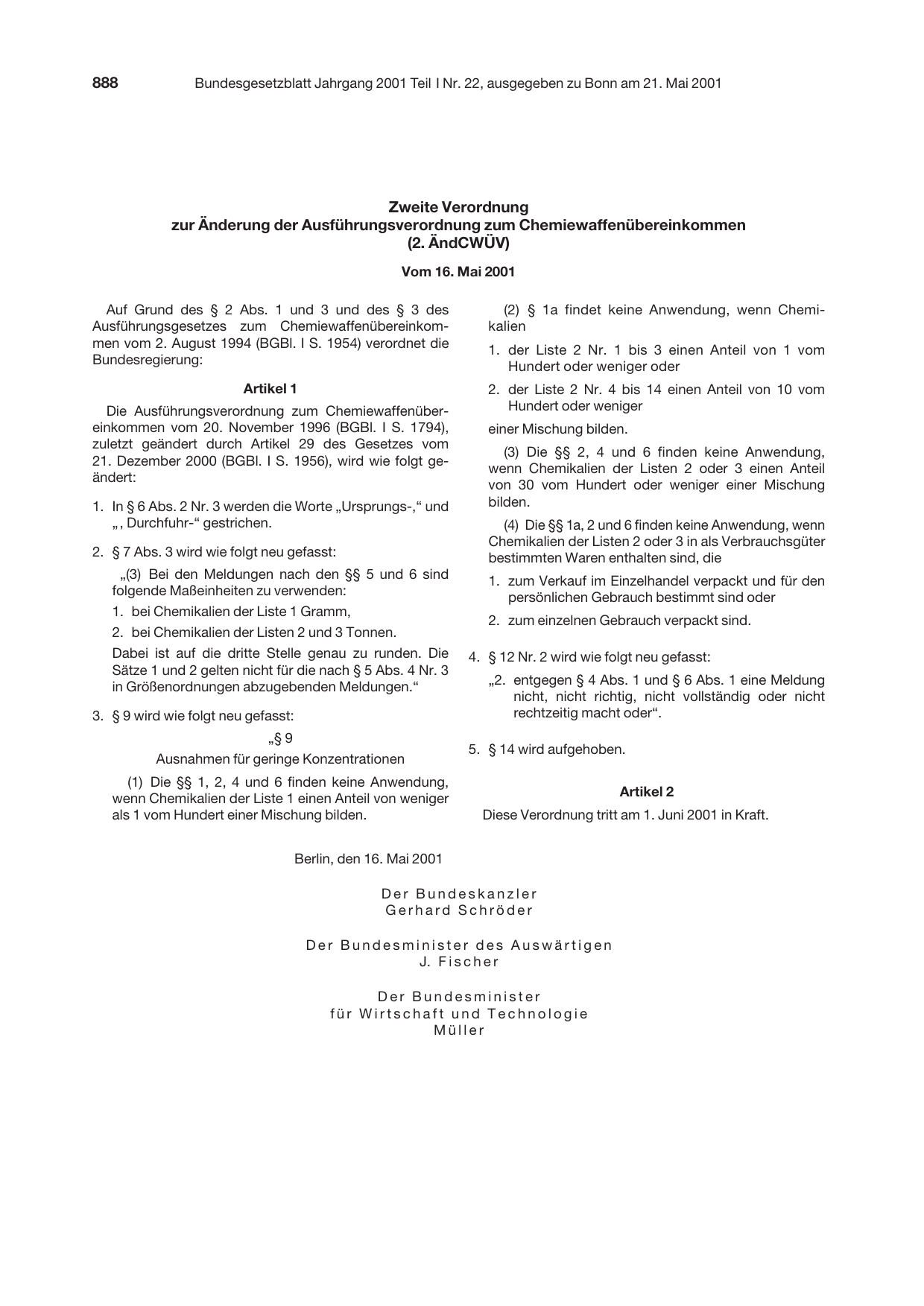 BGBl. 2001, Seite 888 — Originalseite als Abbildung