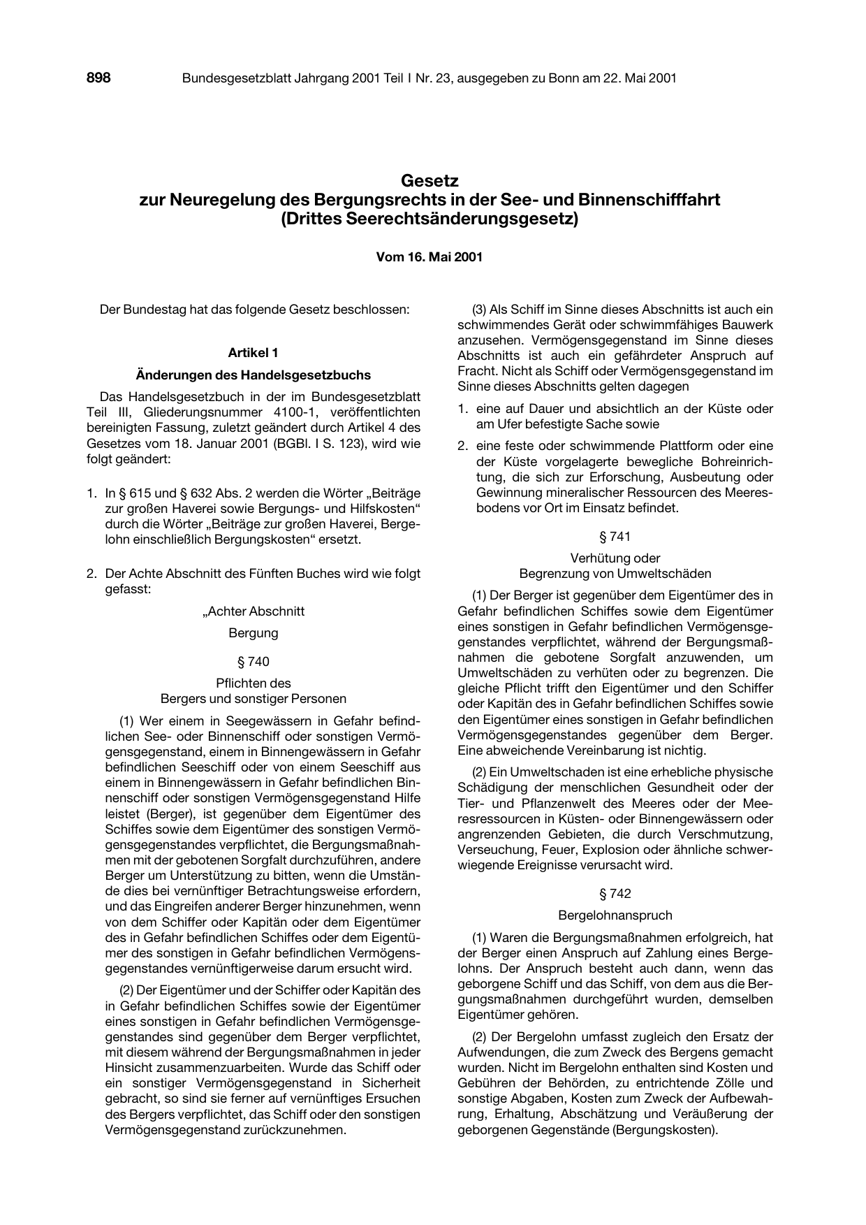 BGBl. 2001, Seite 898 — Originalseite als Abbildung