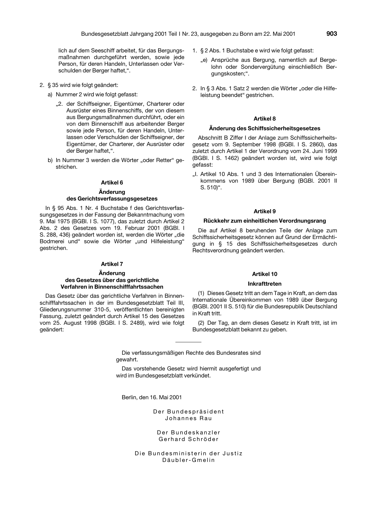 BGBl. 2001, Seite 903 — Originalseite als Abbildung