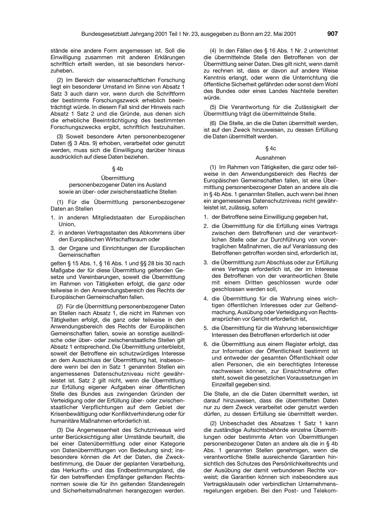 BGBl. 2001, Seite 907 — Originalseite als Abbildung