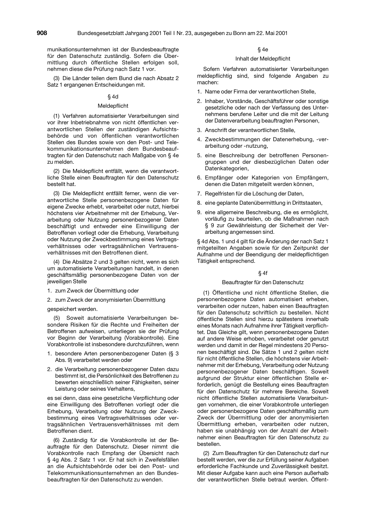 BGBl. 2001, Seite 908 — Originalseite als Abbildung