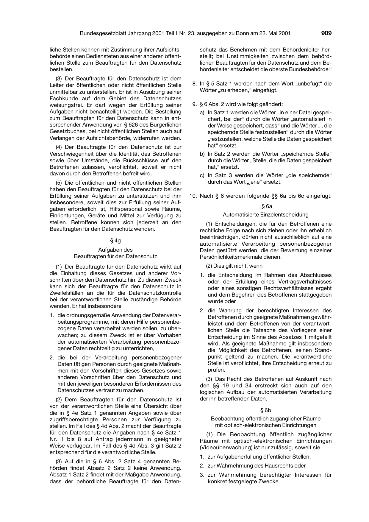 BGBl. 2001, Seite 909 — Originalseite als Abbildung