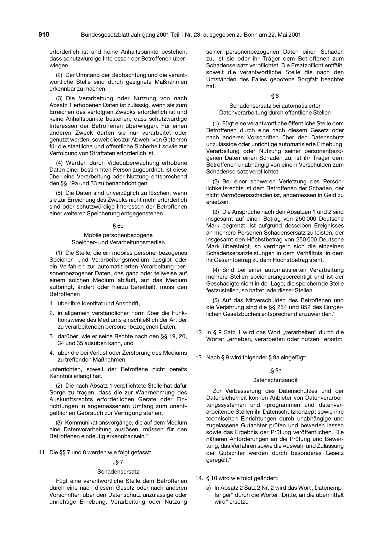 BGBl. 2001, Seite 910 — Originalseite als Abbildung