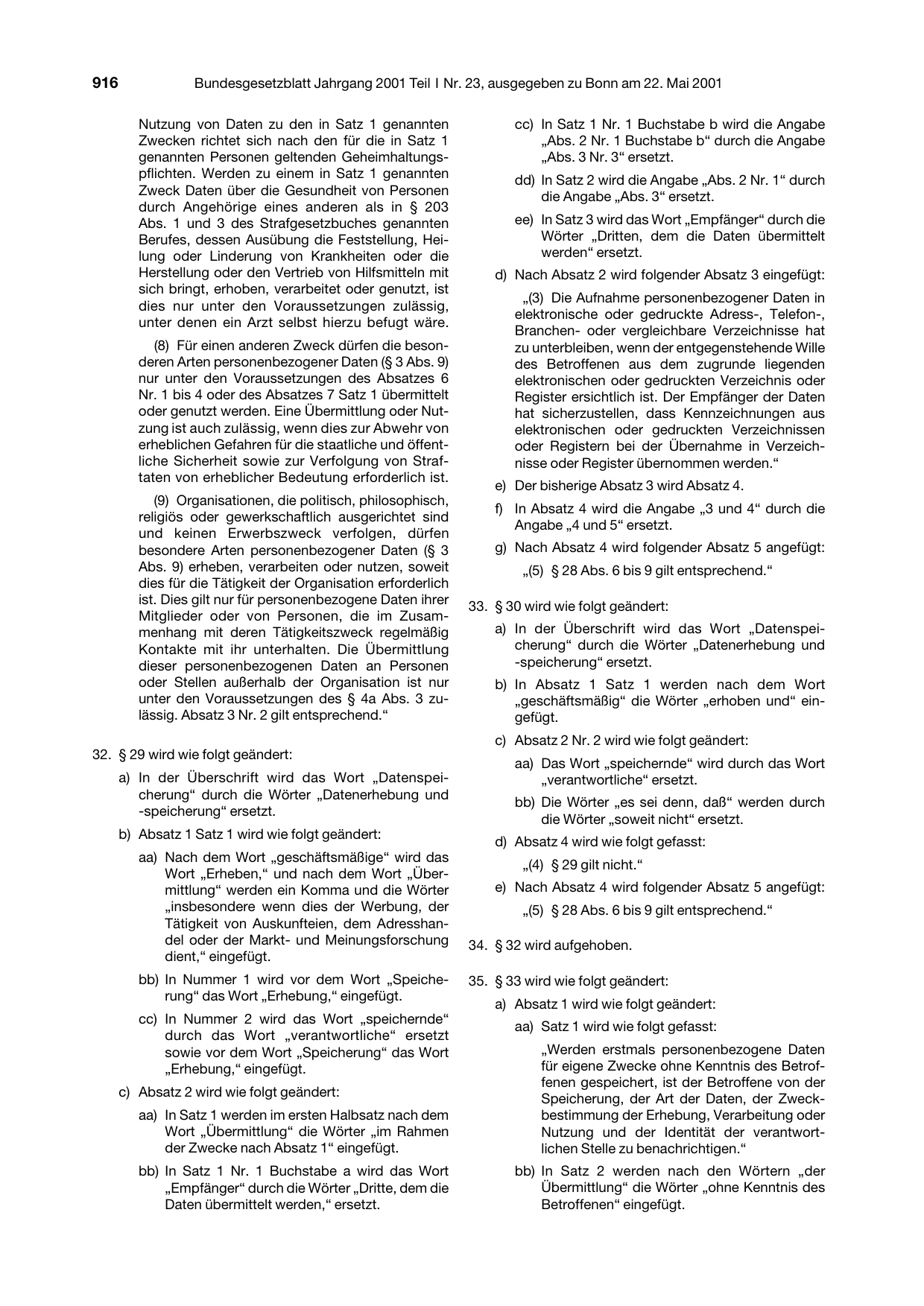 BGBl. 2001, Seite 916 — Originalseite als Abbildung