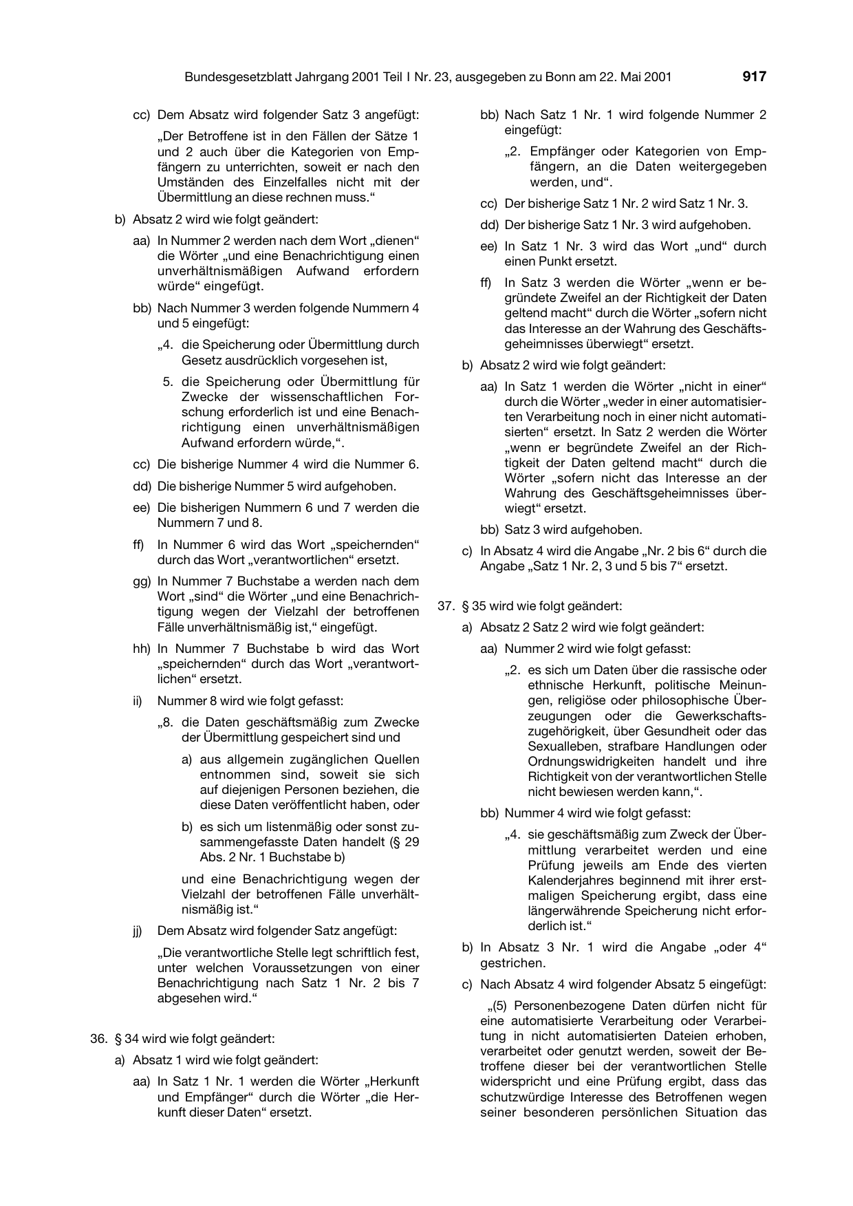 BGBl. 2001, Seite 917 — Originalseite als Abbildung