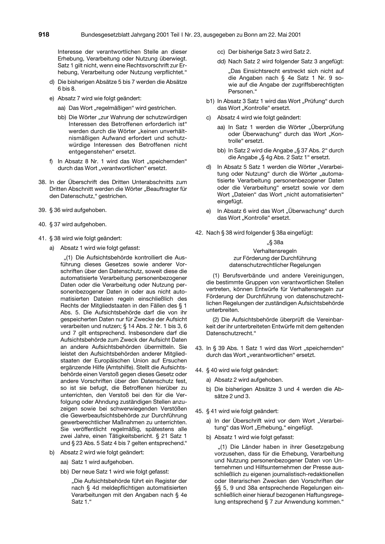 BGBl. 2001, Seite 918 — Originalseite als Abbildung