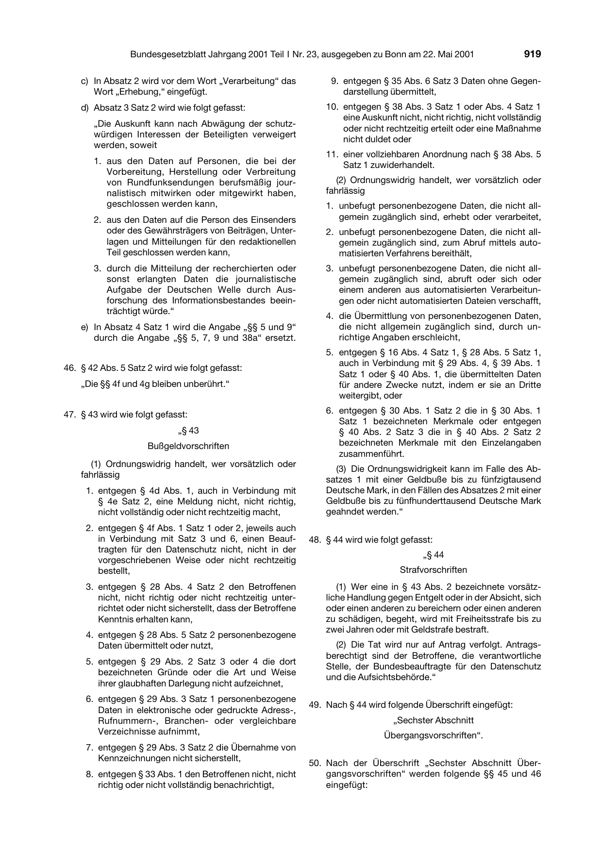 BGBl. 2001, Seite 919 — Originalseite als Abbildung