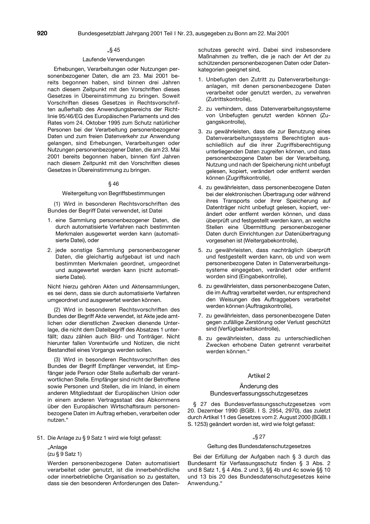 BGBl. 2001, Seite 920 — Originalseite als Abbildung