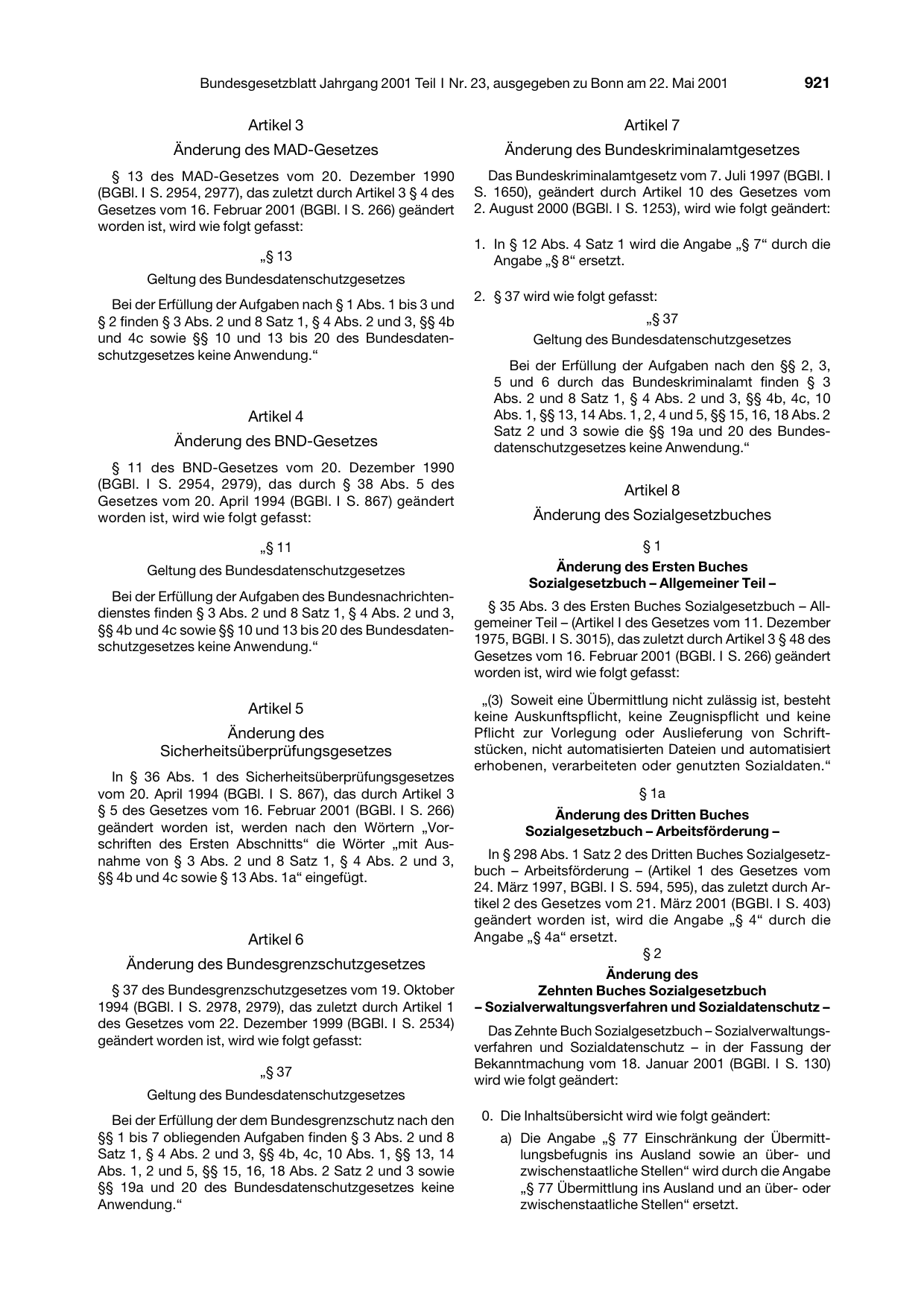 BGBl. 2001, Seite 921 — Originalseite als Abbildung