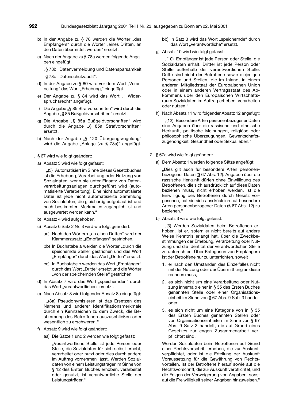 BGBl. 2001, Seite 922 — Originalseite als Abbildung