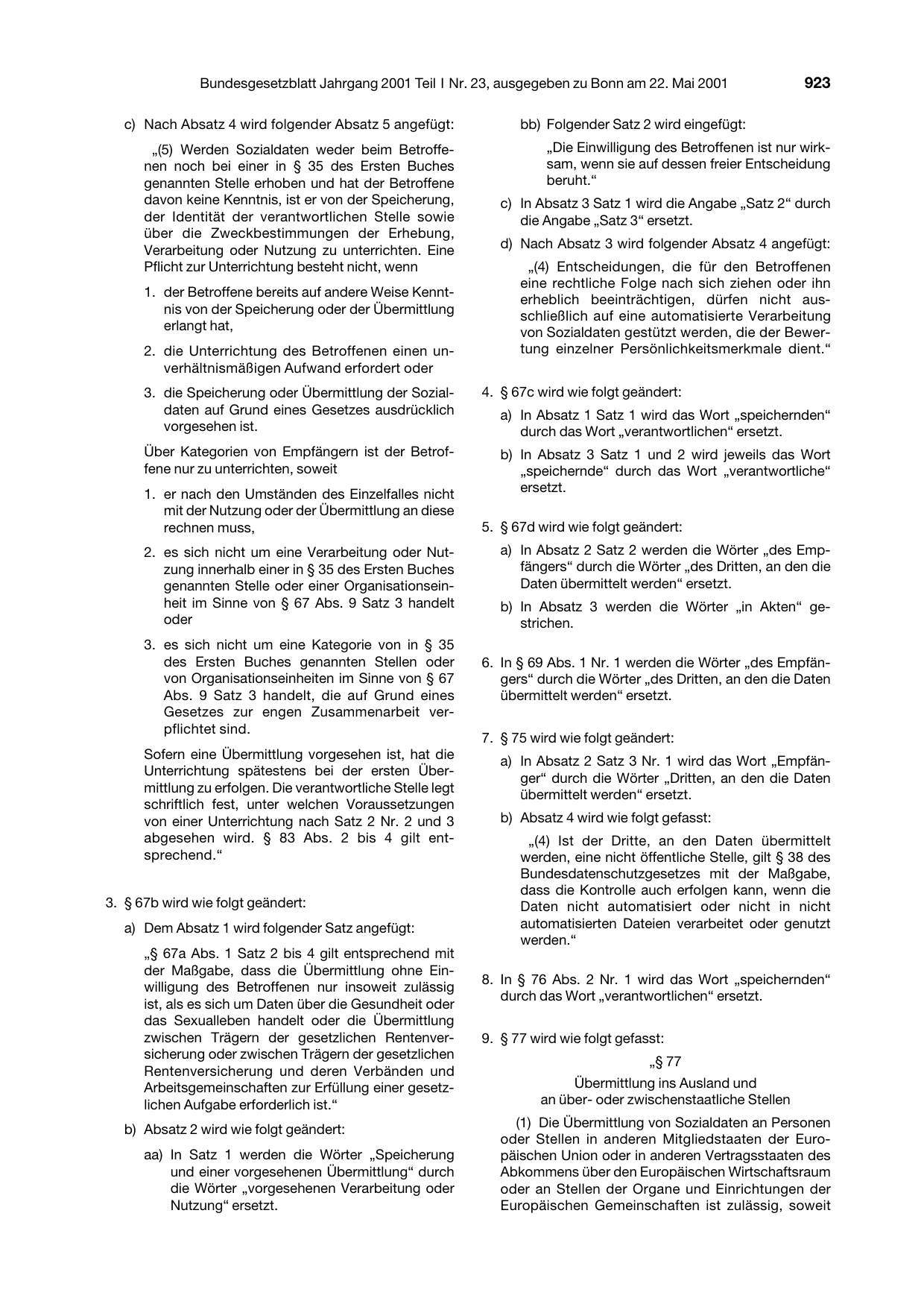 BGBl. 2001, Seite 923 — Originalseite als Abbildung