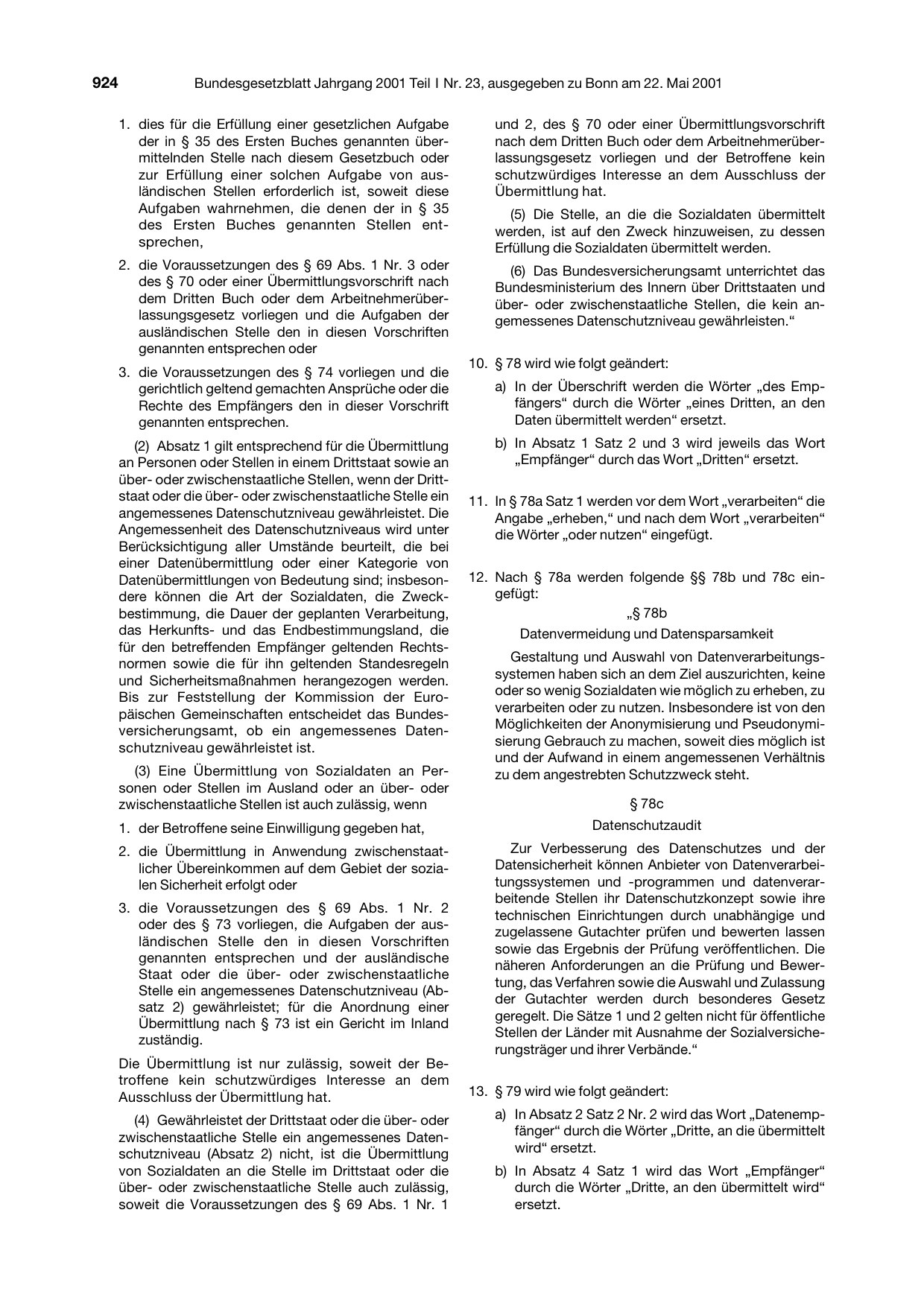 BGBl. 2001, Seite 924 — Originalseite als Abbildung