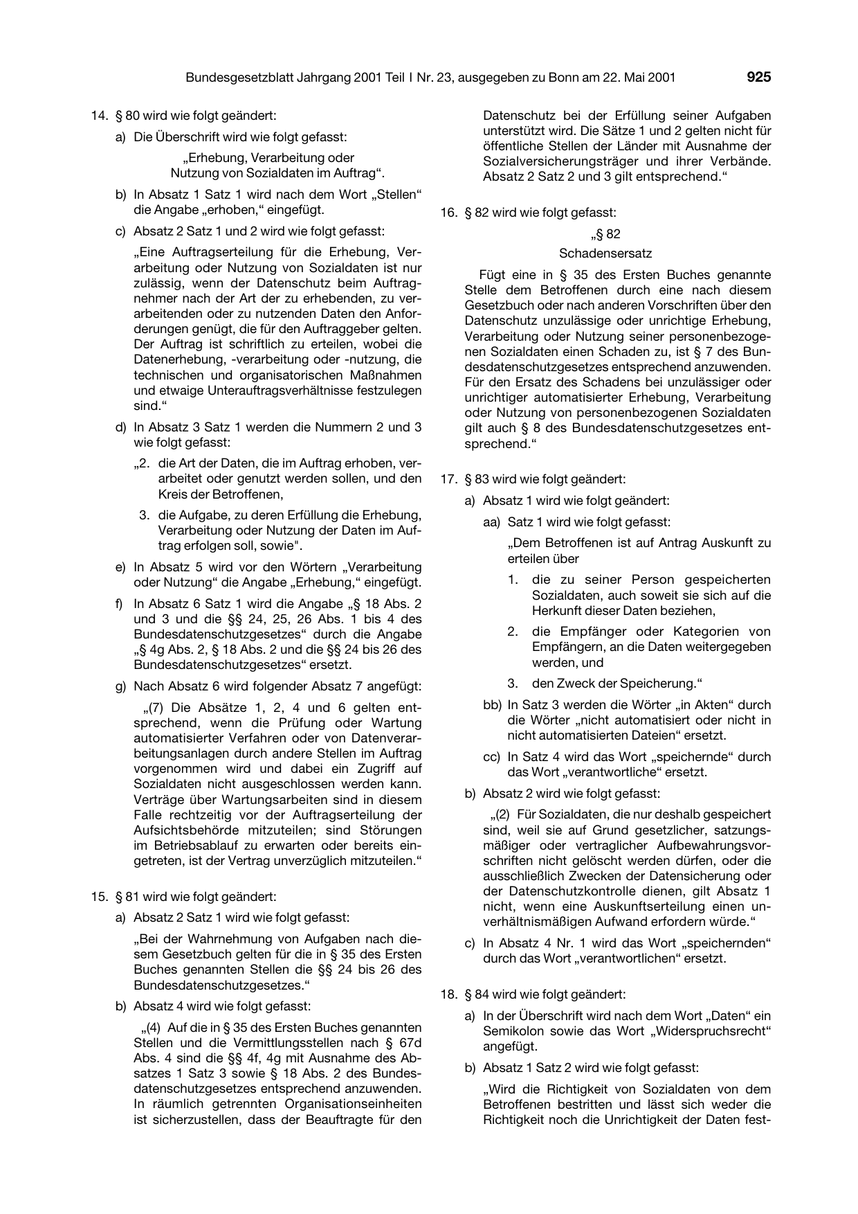 BGBl. 2001, Seite 925 — Originalseite als Abbildung