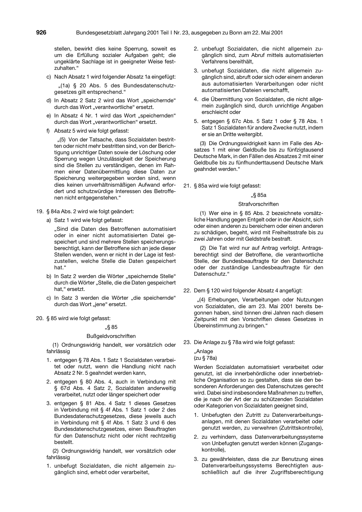 BGBl. 2001, Seite 926 — Originalseite als Abbildung