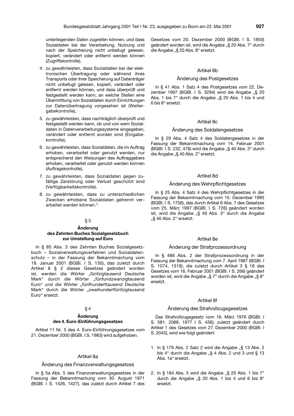 BGBl. 2001, Seite 927 — Originalseite als Abbildung