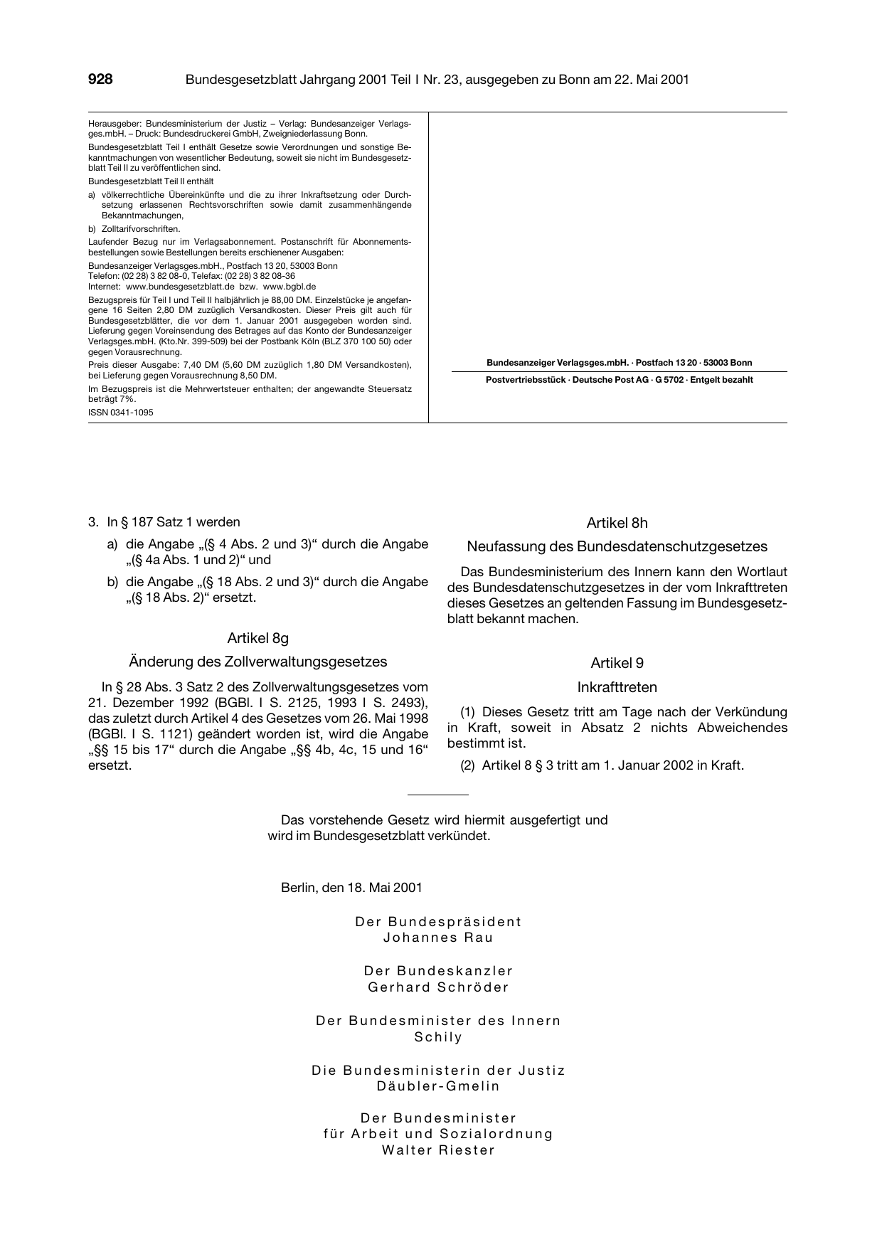 BGBl. 2001, Seite 928 — Originalseite als Abbildung