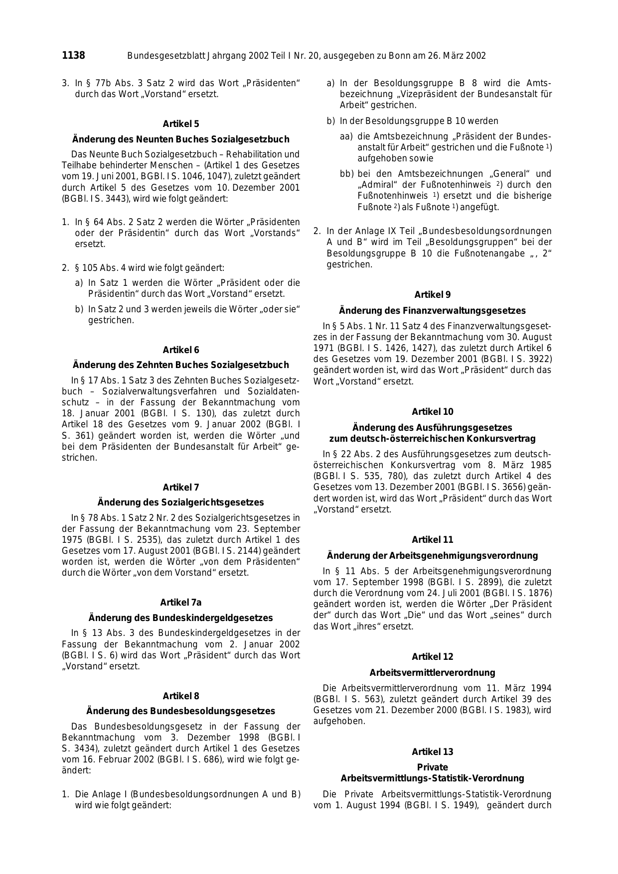 BGBl. 2002, Seite 1138 — Originalseite als Abbildung