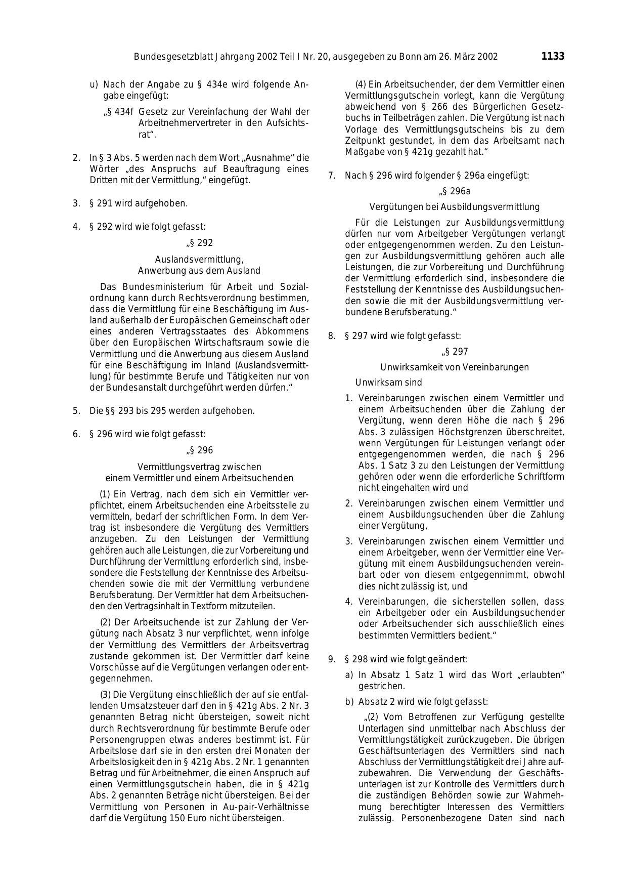 BGBl. 2002, Seite 1133 — Originalseite als Abbildung