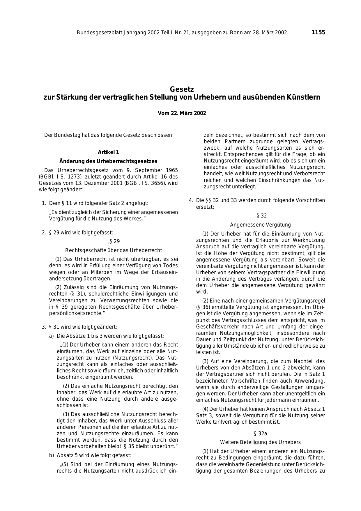 BGBl. 2002, Seite 1155 — Originalseite als Abbildung