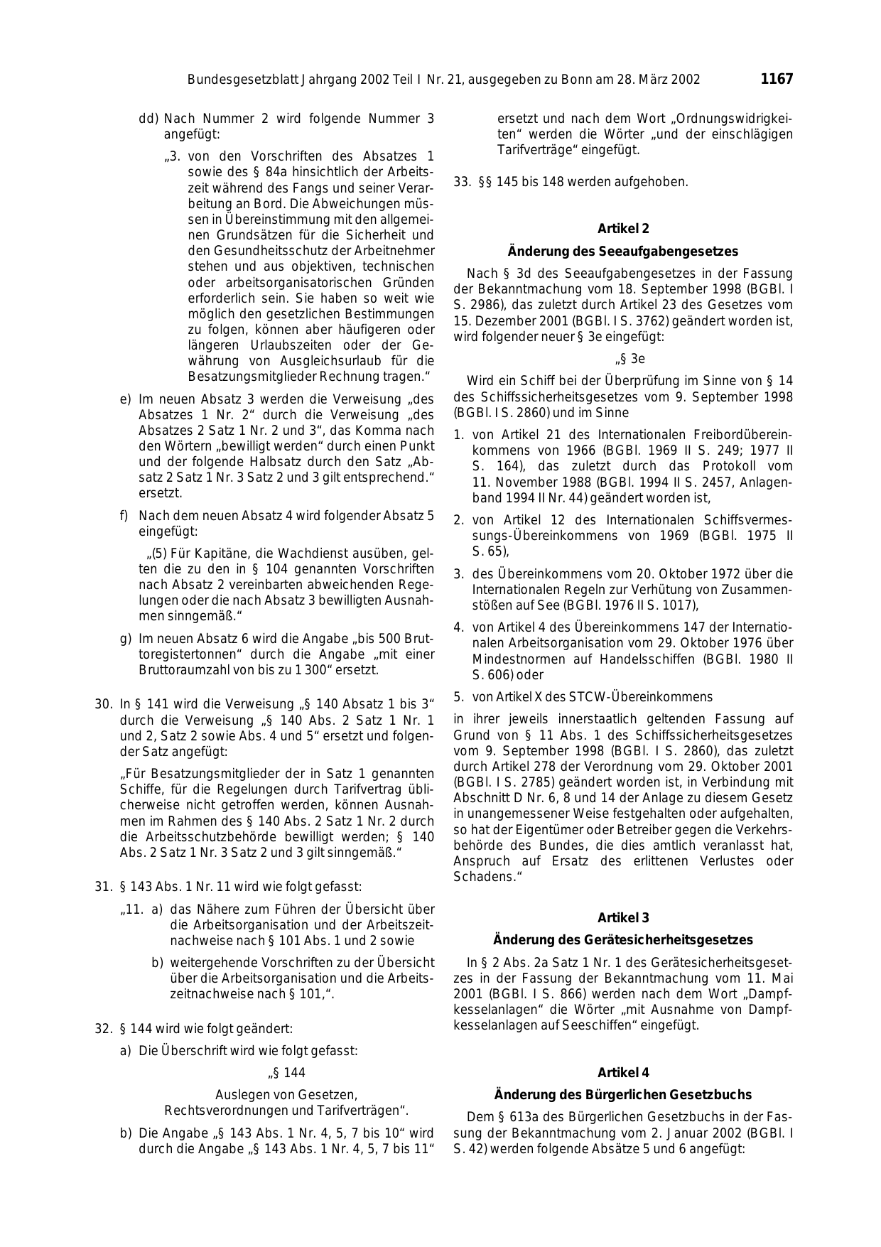 BGBl. 2002, Seite 1167 — Originalseite als Abbildung
