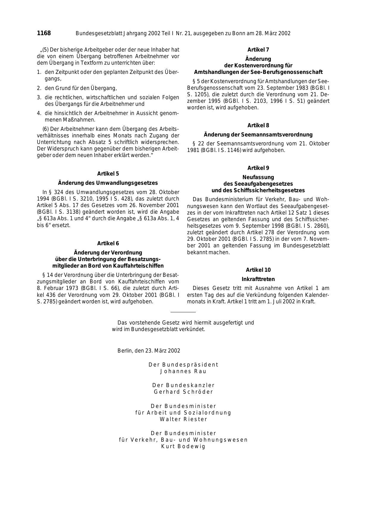 BGBl. 2002, Seite 1168 — Originalseite als Abbildung