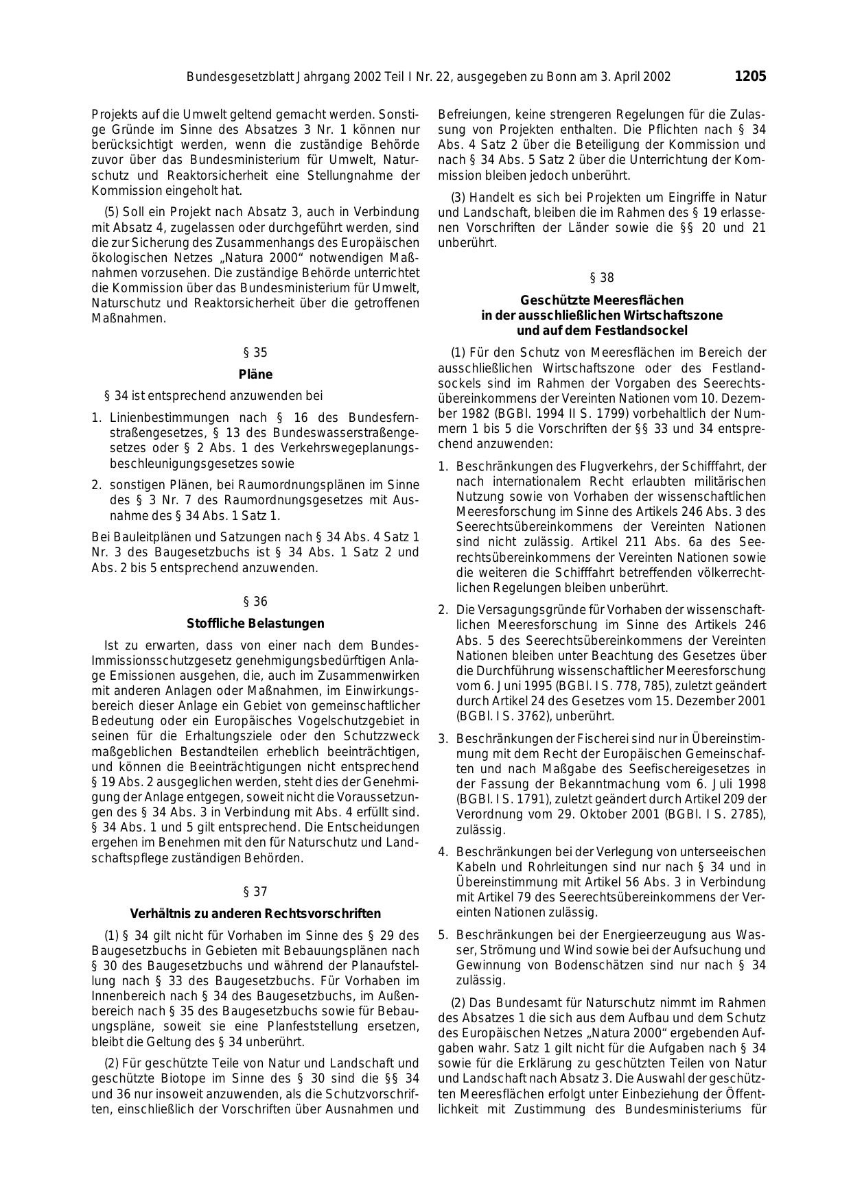 BGBl. 2002, Seite 1205 — Originalseite als Abbildung
