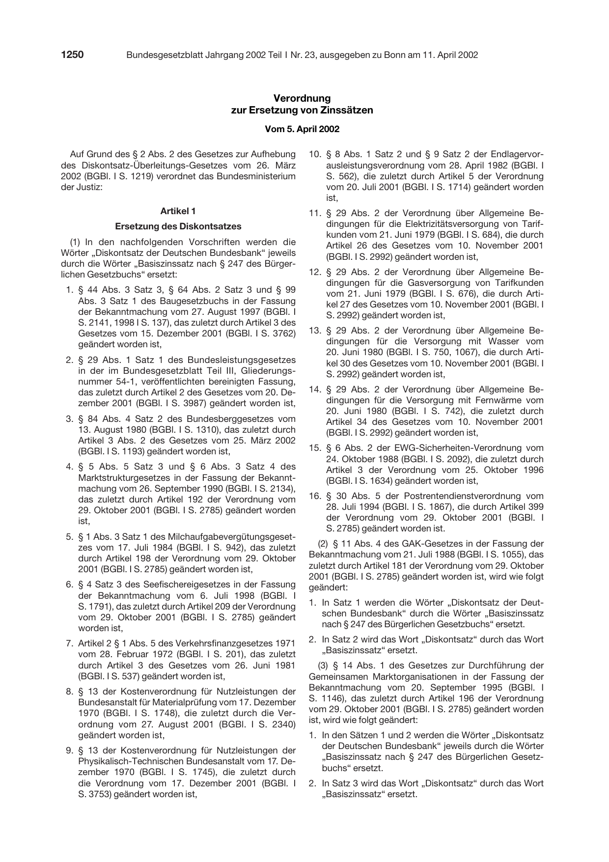 BGBl. 2002, Seite 1250 — Originalseite als Abbildung