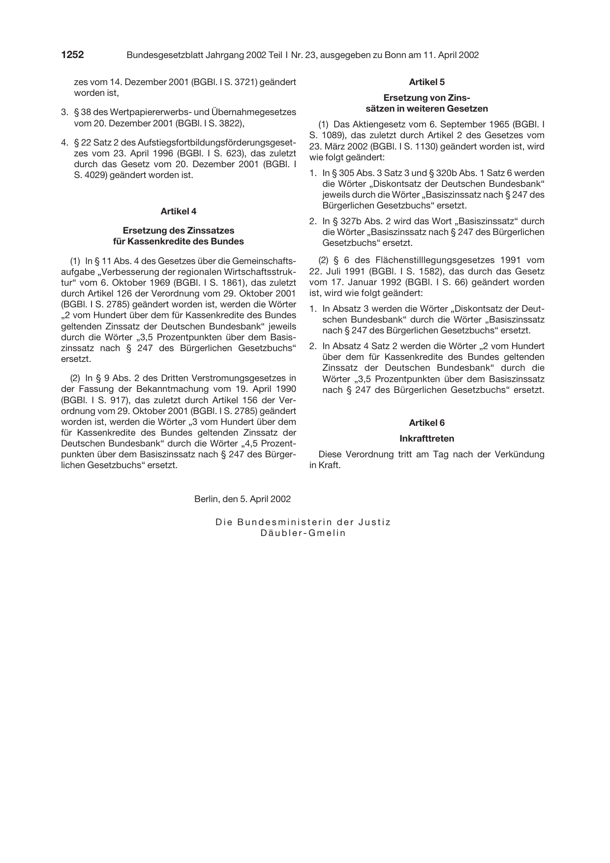BGBl. 2002, Seite 1252 — Originalseite als Abbildung