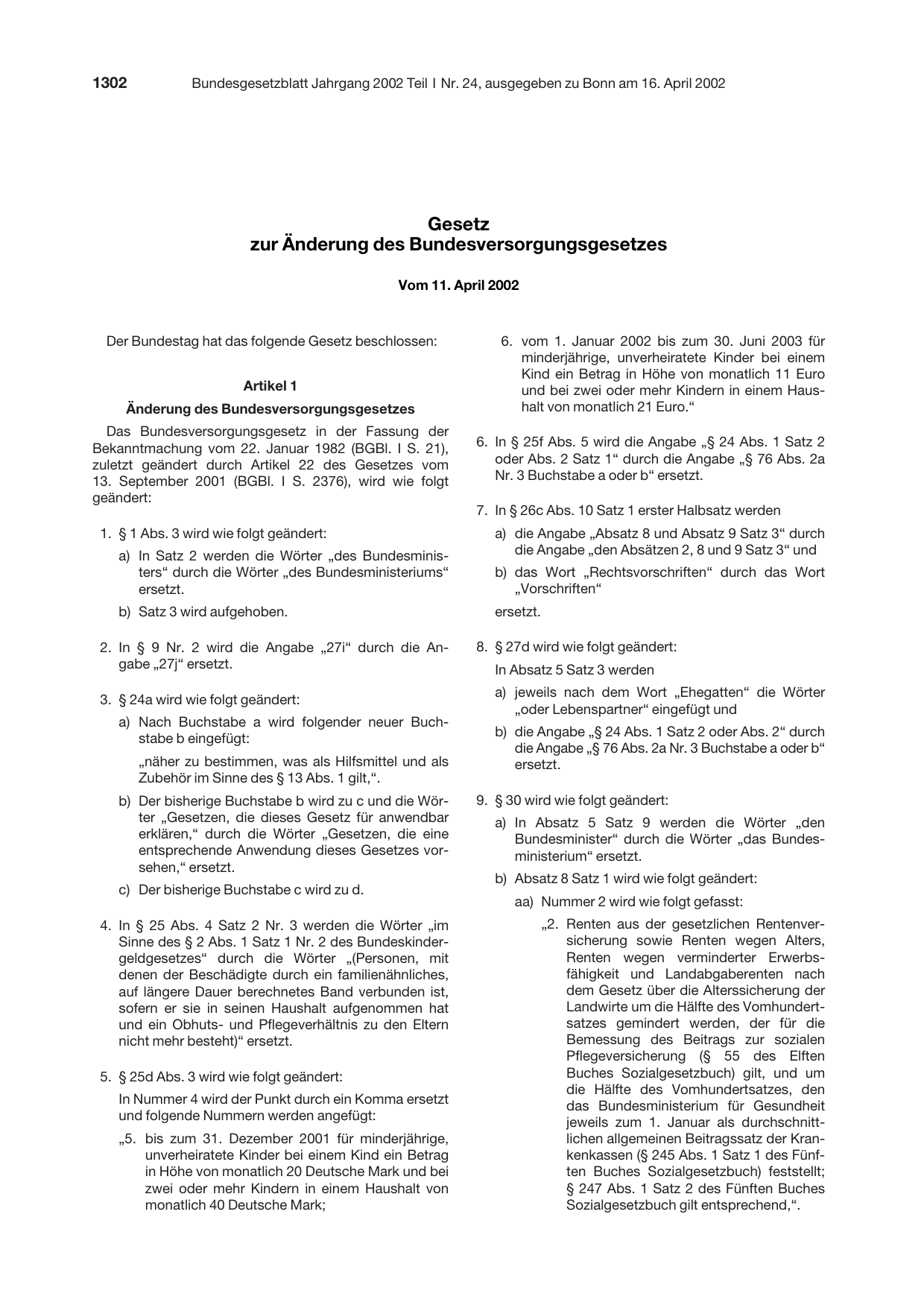 BGBl. 2002, Seite 1302 — Originalseite als Abbildung