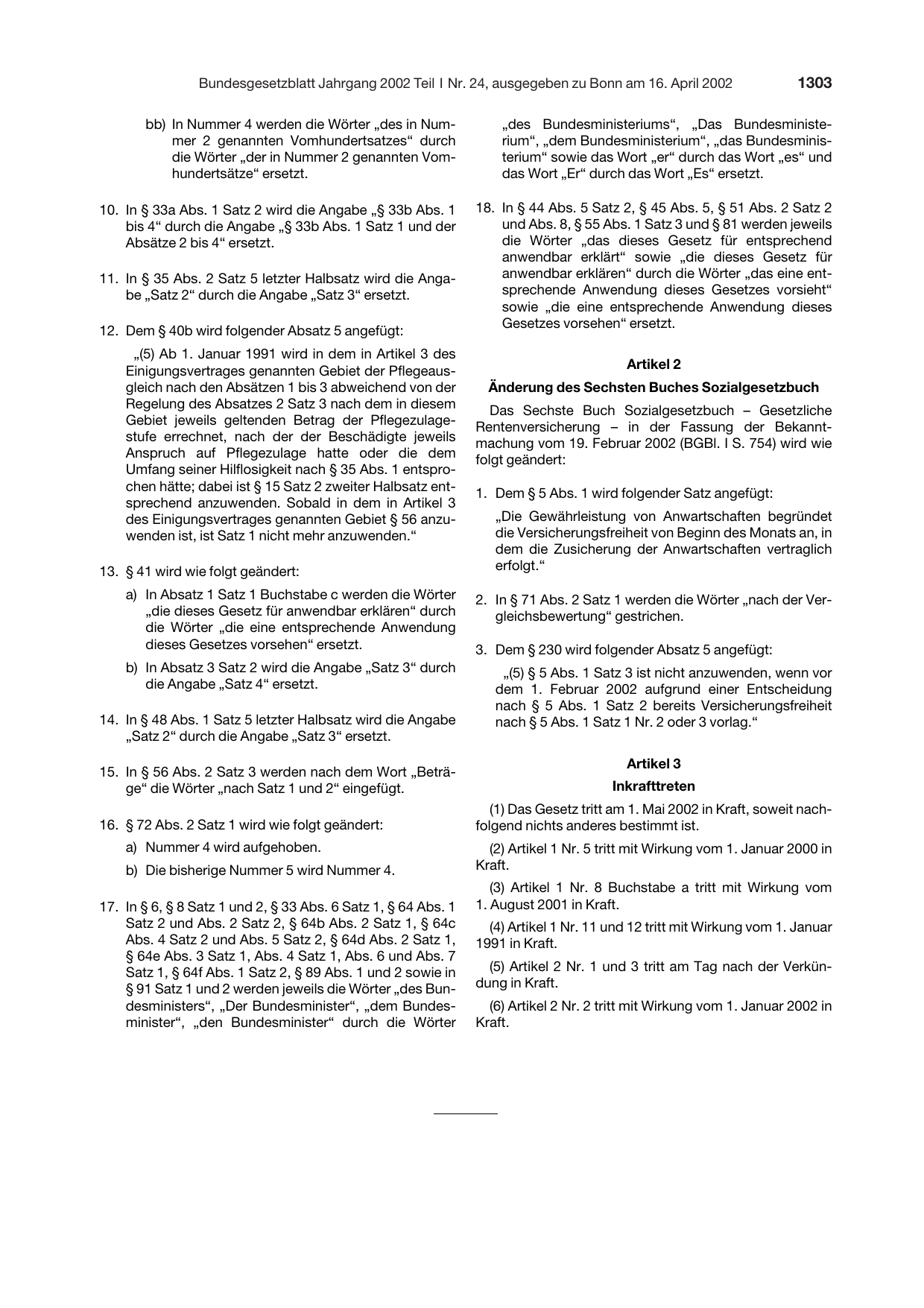 BGBl. 2002, Seite 1303 — Originalseite als Abbildung