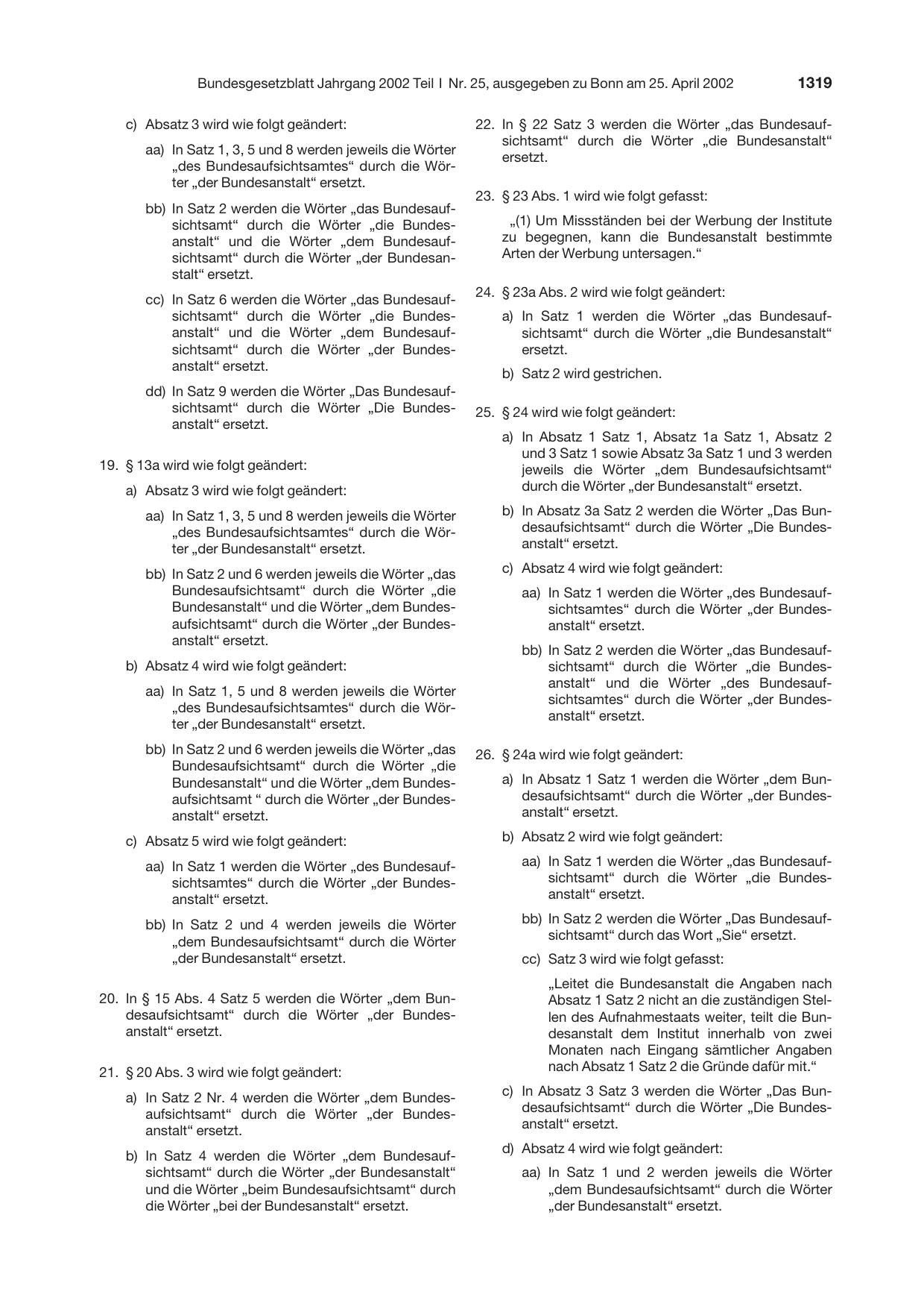 BGBl. 2002, Seite 1319 — Originalseite als Abbildung