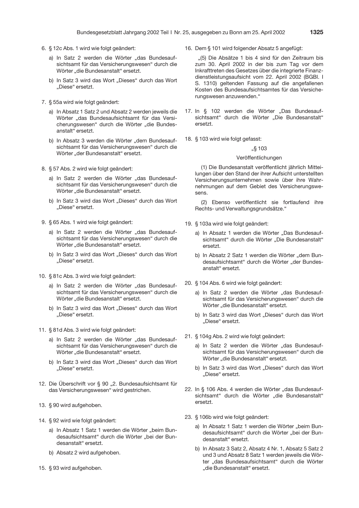 BGBl. 2002, Seite 1325 — Originalseite als Abbildung