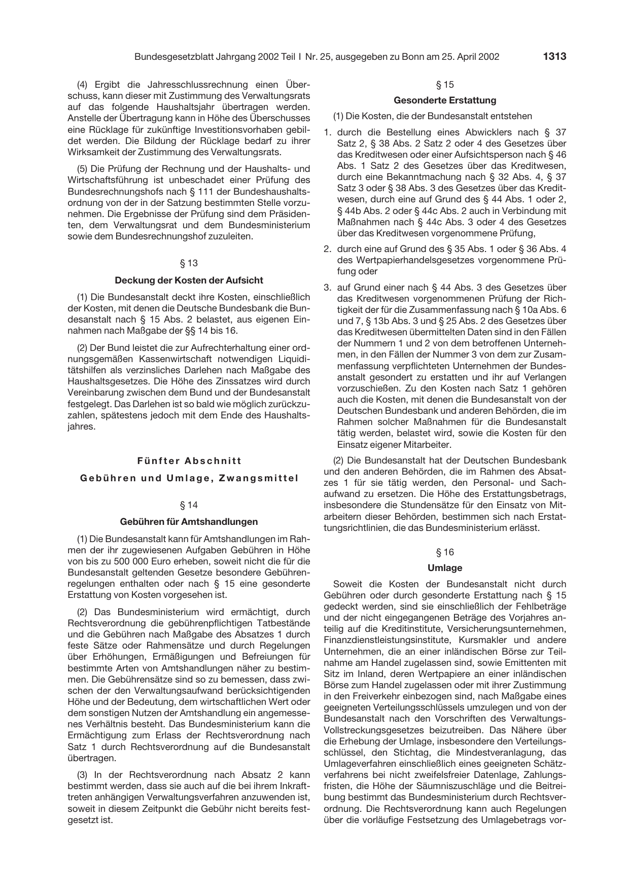 BGBl. 2002, Seite 1313 — Originalseite als Abbildung