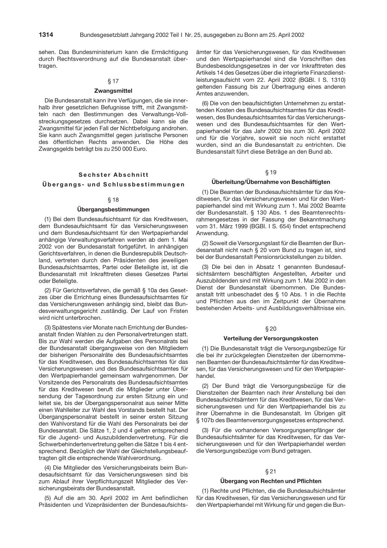 BGBl. 2002, Seite 1314 — Originalseite als Abbildung
